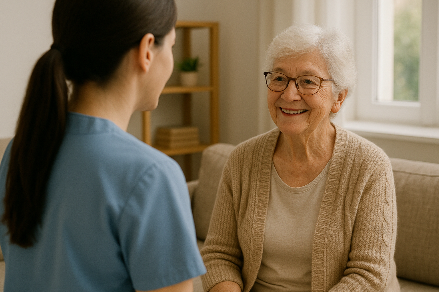Interaction chaleureuse en salon lumineux